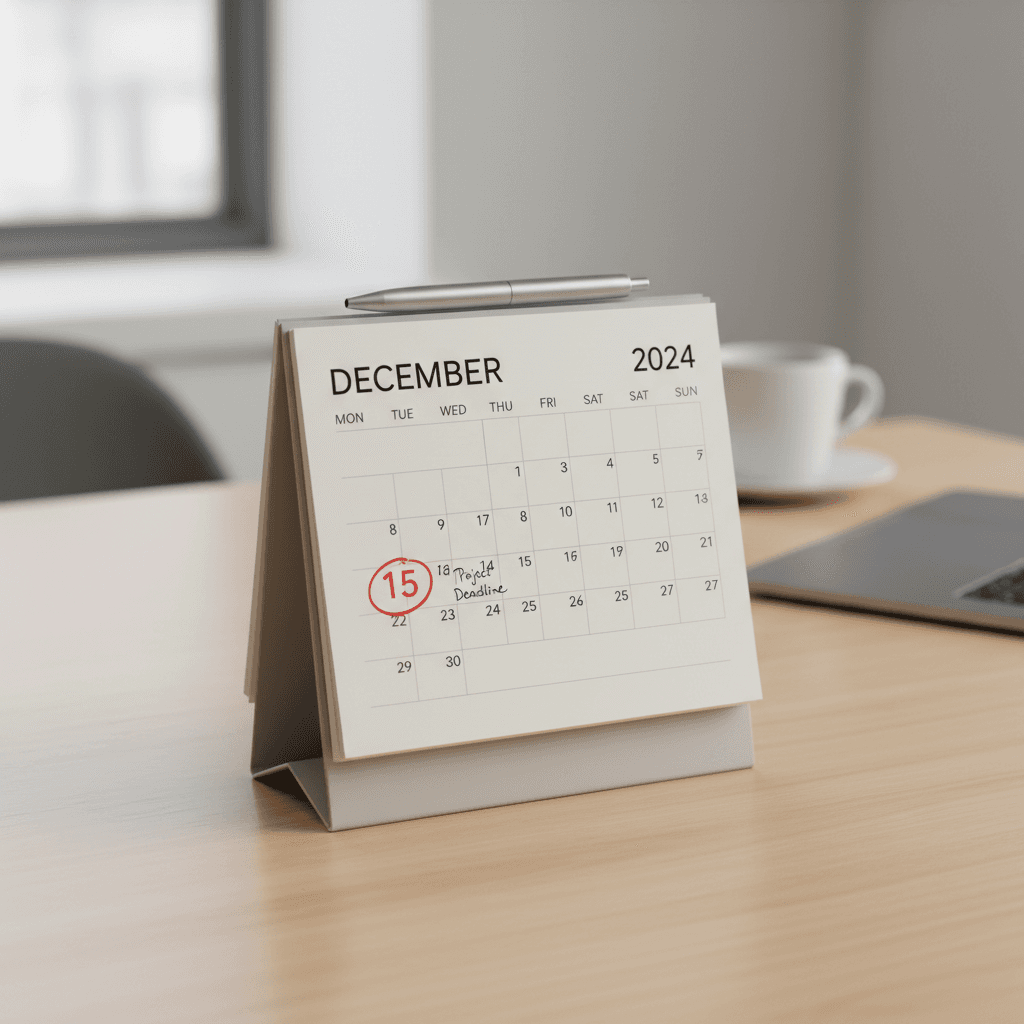 Calendar showing a 30-day return window on a business desk