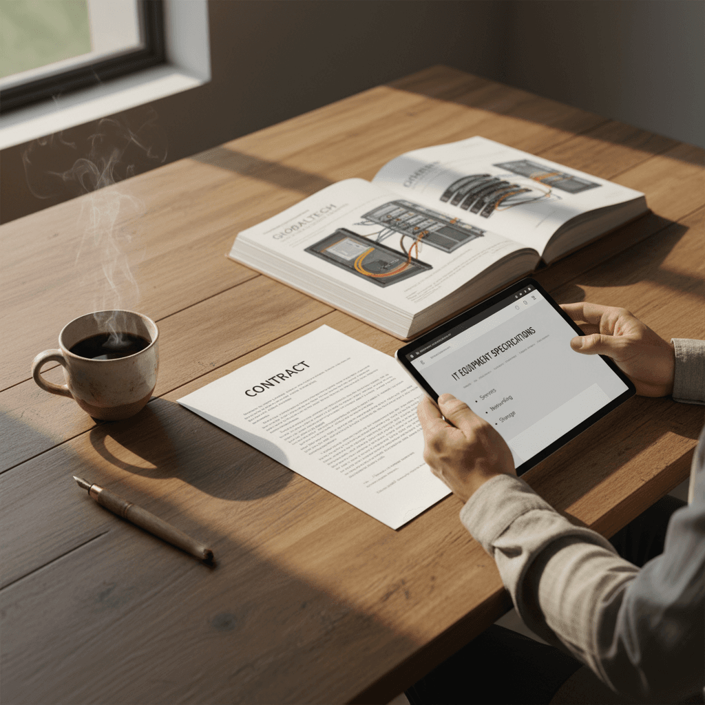 Business consultation setup with hardware documentation and tablet