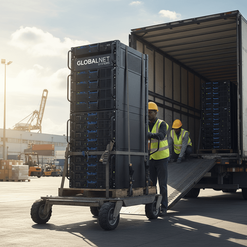 Returned IT equipment on dolly at a loading dock