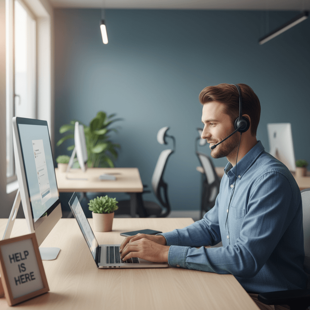Customer service representative processing a return request on laptop