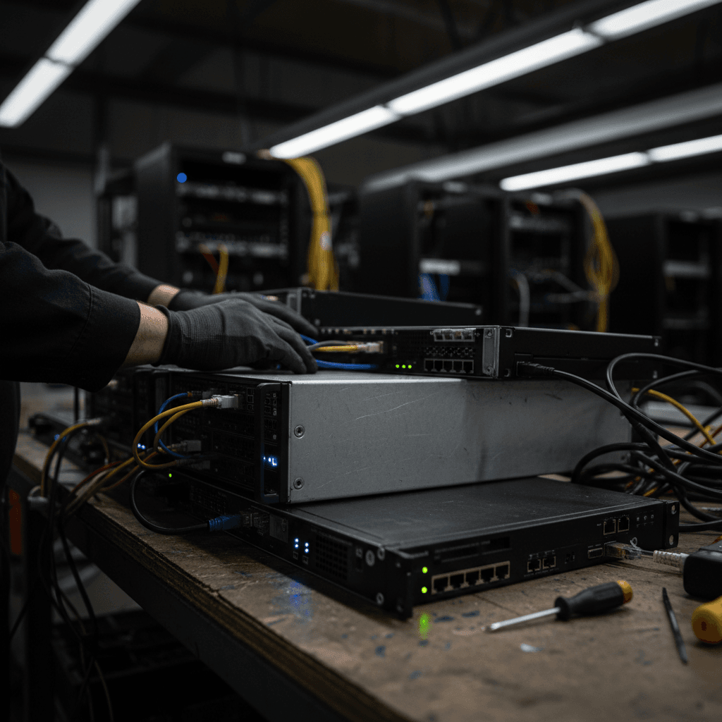 Close-up of server hardware components being organized