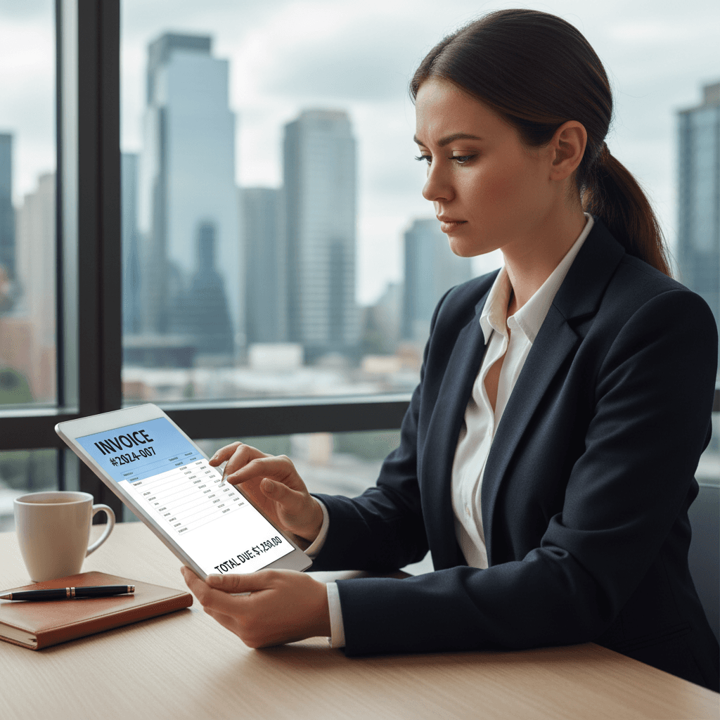 Business professional viewing a refund credit on tablet screen