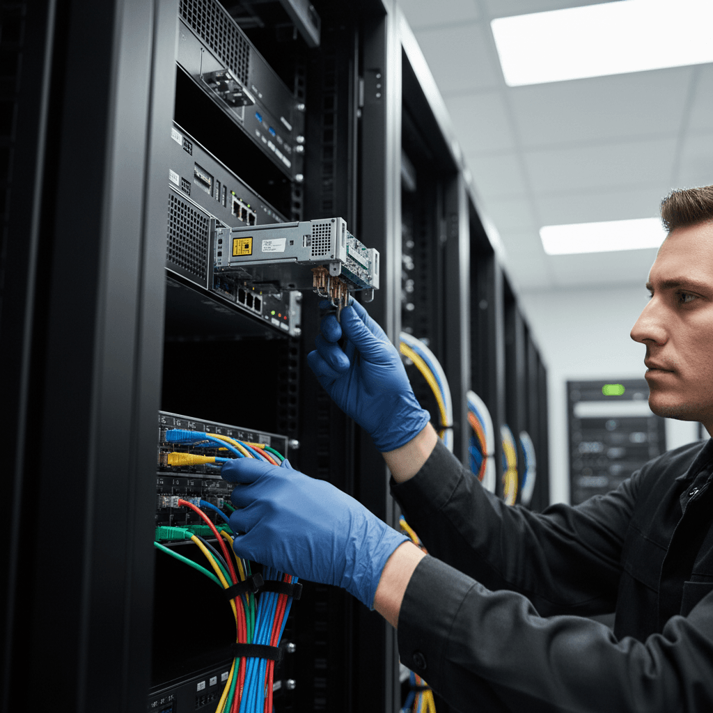 IT technician setting up professional hardware equipment