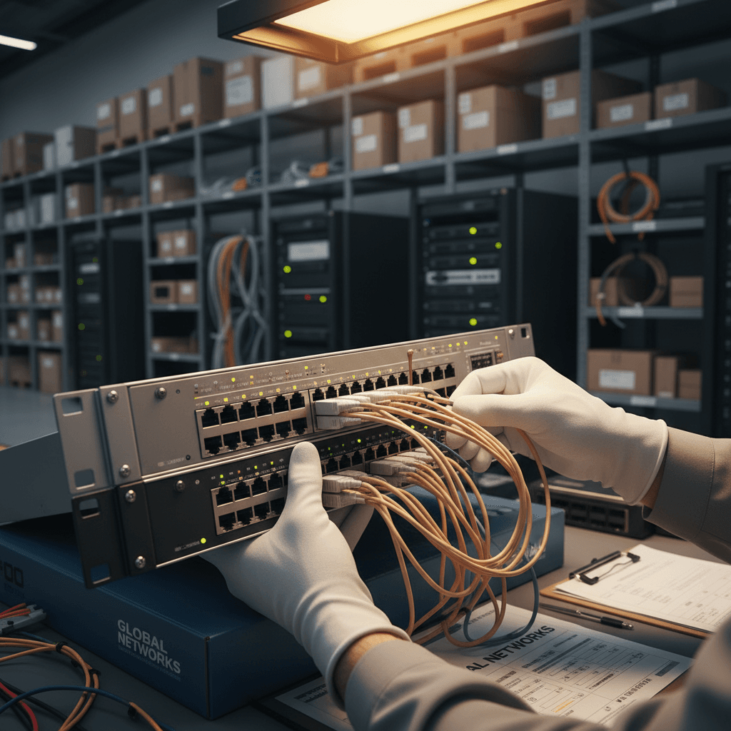 IT professional examining hardware equipment closely