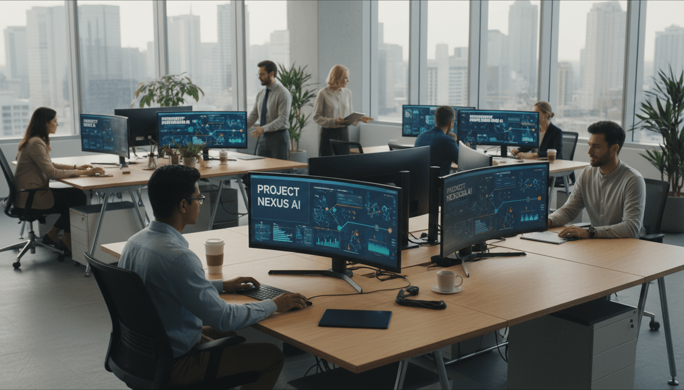 Business team collaborating with IT hardware in modern office